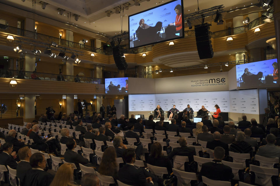 Former Prime Minister of Denmark Helle Thorning-Schmidt, from left, Henrietta H. Fore, Executive Director United Nations International Children's Emergency Fund, Kumi Naidoo, Secretary General Amnesty International andTawakkol Karman, chairwoman, Woman Jouirnalists Without Chainsduring during podium discussion at the Munich Security Conference in Munich, Germany, Sunday, Feb. 17, 2019. (AP Photo/Kerstin Joensson)