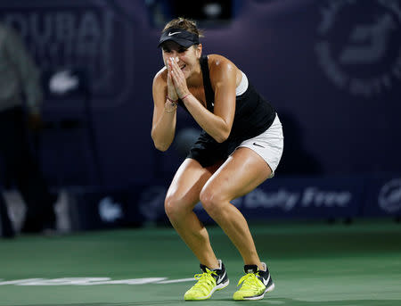 Tennis - WTA Premier 5 - Dubai Tennis Championships - Dubai Duty Free Tennis Stadium, Dubai, United Arab Emirates - February 22, 2019 Switzerland's Belinda Bencic celebrates winning the Semi Final against Ukraine's Elina Svitolina REUTERS/Satish Kumar