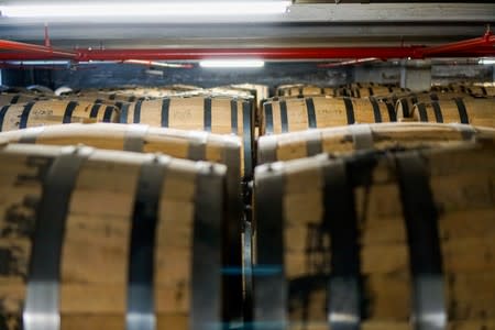 Barrels of rye whisky at Mountain Laurel Spirits LLC makers of Dad's Hat Pennsylvania Rye Whiskey in Bristol Pennsylvania