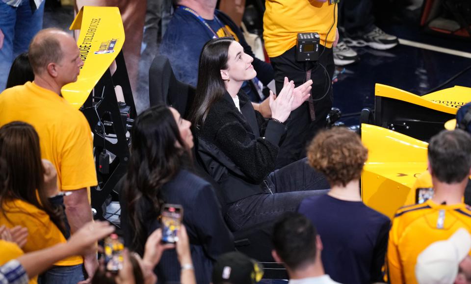 Indiana Fever player Caitlin Clark is introduced Friday, April 26, 2024, ahead of the game against the Milwaukee Bucks at Gainbridge Fieldhouse in Indianapolis.