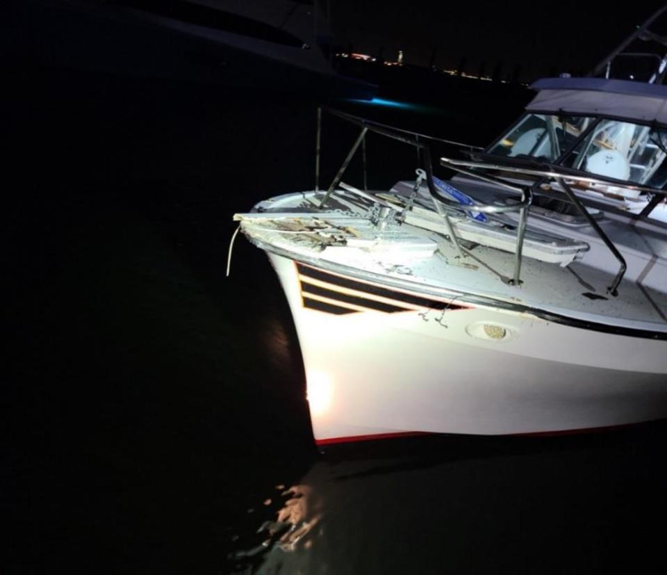 Damage to the private fishing boat Honcho following its deadly 2022 crash with an FDNY fireboat. USCG