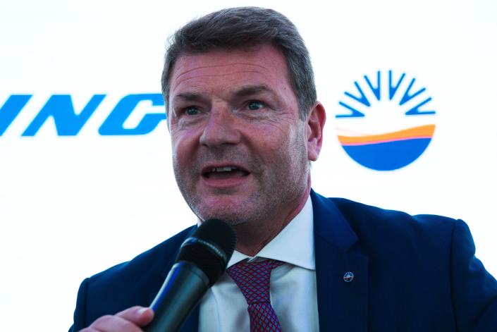 SunExpress CEO Jens Bischof speaks at a news conference at the Dubai Airshow in Dubai, United Arab Emirates, Monday, Nov. 18, 2019. The Turkish-German airline SunExpress announced Monday it will be buying 10 of the troubled Boeing 737-8 Max jets, grounded globally after crashes, in a deal worth $1.2 billion. (AP Photo/Jon Gambrell)