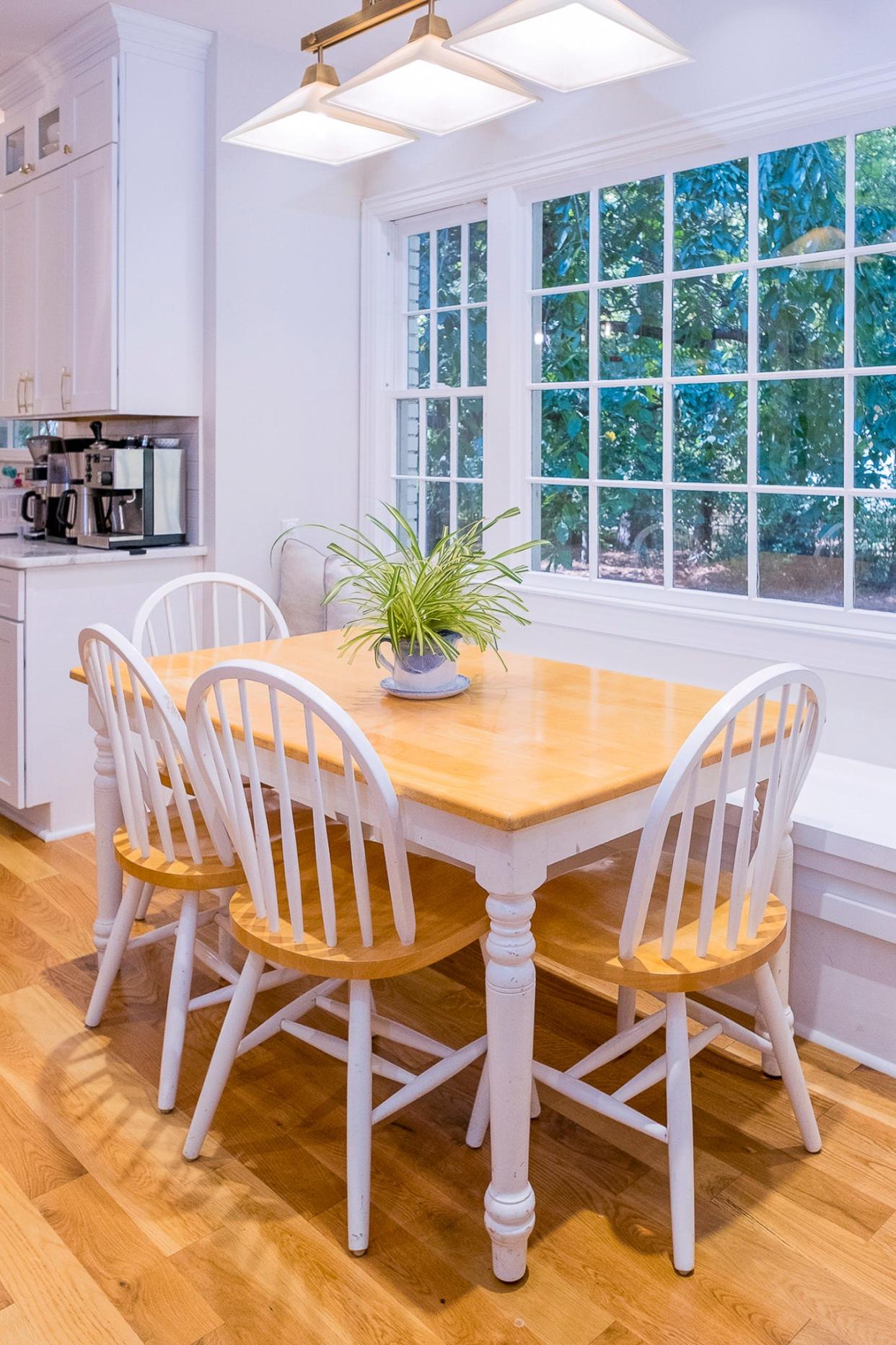 The breakfast nook is a quiet and peaceful space to eat a casual meal with the family.