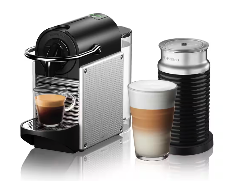 Nespresso Pixie Espresso Machine with Aeroccino Milk Frother. Image via Canadian Tire.