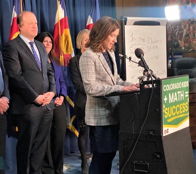 Katie Harshman, principal of Minnequa Elementary School, takes the podium at a press conference held by Colorado Gov. Jared Polis on Tuesday, March 7, 2023.