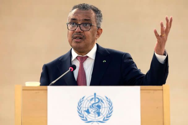PHOTO: Tedros Adhanom Ghebreyesus, Director General of the World Health Organization (WHO) speaks during the 75th World Health Assembly in Geneva, on May 24, 2022.  (Salvatore Di Nolfi/AP, FILE)