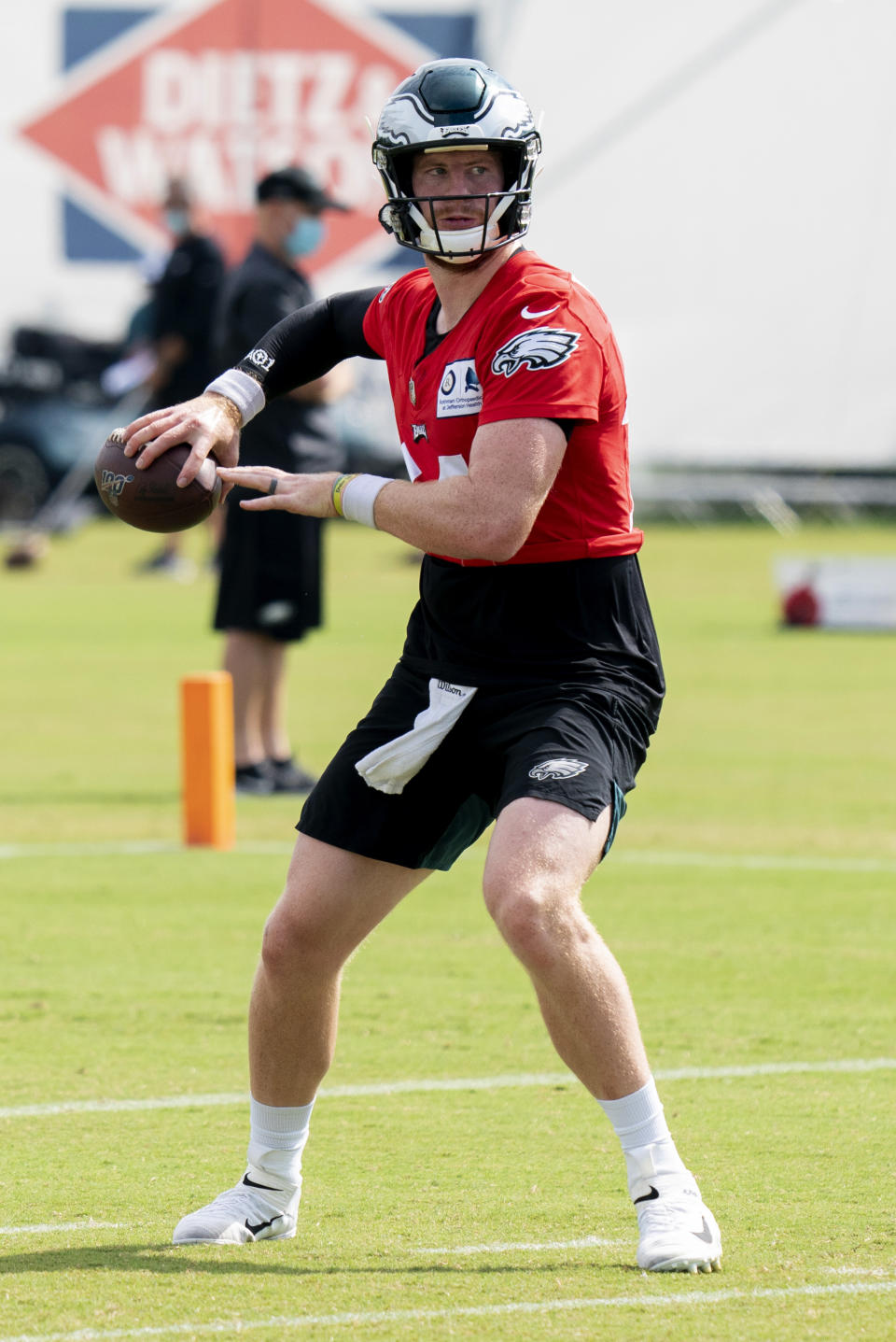 Philadelphia Eagles quarterback Carson Wentz runs a drill during an NFL football practice, Sunday, Aug. 23, 2020, in Philadelphia. (AP Photo/Chris Szagola, Pool)