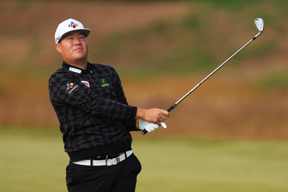 Sungjae Im of South Korea plays his second shot on the 10th hole during Day One of the Genesis Scottish Open at The Renaissance Club on July 13, 2023 in United Kingdom. (Photo by Andrew Redington/Getty Images)