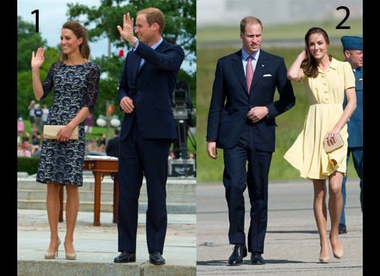 <strong>LOOK 1</strong>: Arriving in Ottawa, Canada in an Erdem dress on June 30, 2011.  <br>  <br> <strong>LOOK 2</strong>: Arriving at the Calgary airport in a Jenny Packham dress on July 7, 2011. (Getty photos)