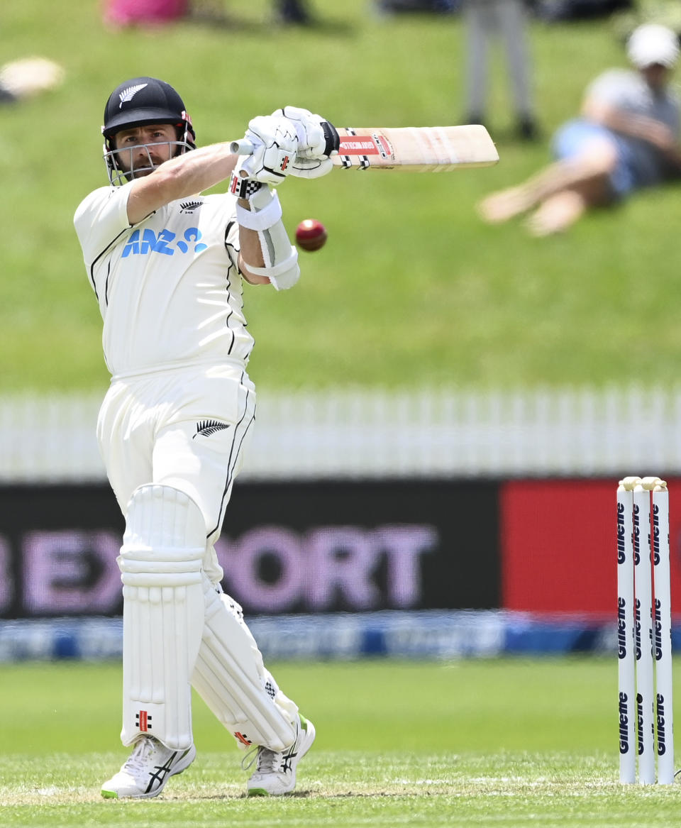 New Zealand's Kane Williamson bats during play on day two of the first cricket test between the West Indies and New Zealand in Hamilton, New Zealand, Friday, Dec. 4, 2020. (Andrew Cornaga/Photosport via AP)