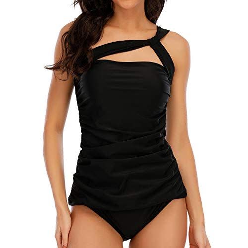 11) One Shoulder Ruched Tankini Swimsuit