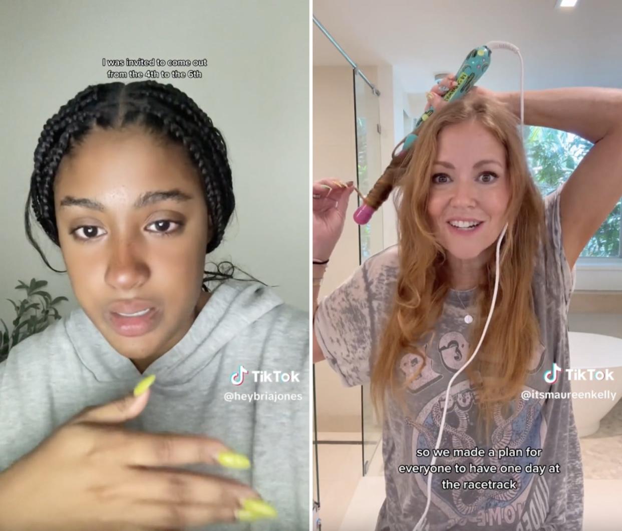 A screenshot of Bria Jones' TikTok, where she is wearing a grey hoodie and bright yellow nails, and a screenshot of Maureen Kelly's TikTok, where the CEO is curling her hair in a bright white room.