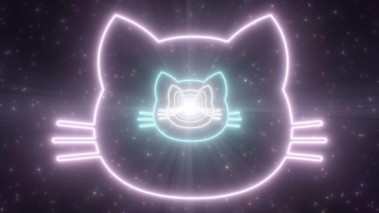  An abstract image of three stylised cat heads, drawn in neon lighting outlines, against a backdrop of a starfield in space. 