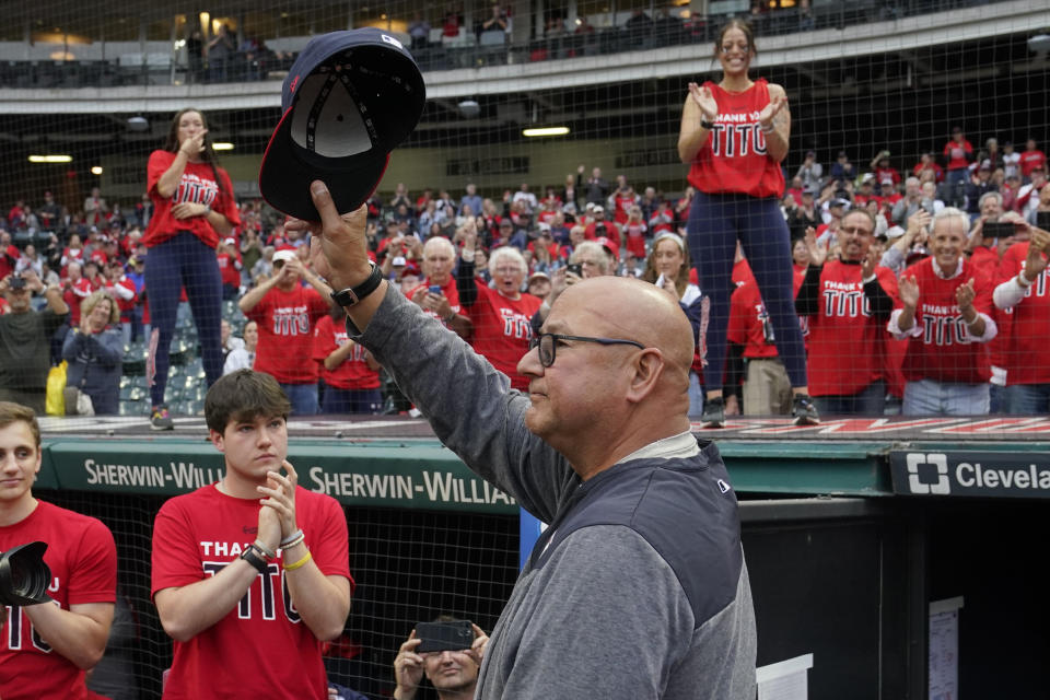 Cleveland Guardians manager Terry Francona tips his cap for the crowd following a tribute video before the team's baseball game against the Cincinnati Reds, Wednesday, Sept. 27, 2023, in Cleveland. Although he hasn't officially announced his retirement, Francona is expected to do so formally early next week. (AP Photo/Sue Ogrocki)