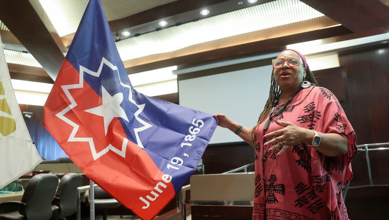 Betty Sawyer, Project Success director, talks about the origins of the Juneteenth flag during a Juneteenth celebration at the Salt Lake County Government Center in Salt Lake City on Friday, June 16, 2023.