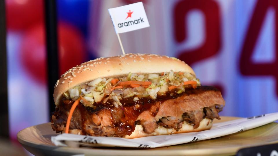 A Bull's BBQ rib sandwich is displayed during an event to highlight what is new for the 2024 Philadelphia Phillies season at Citizens Bank Park in Philadelphia on Monday, March 25, 2024.