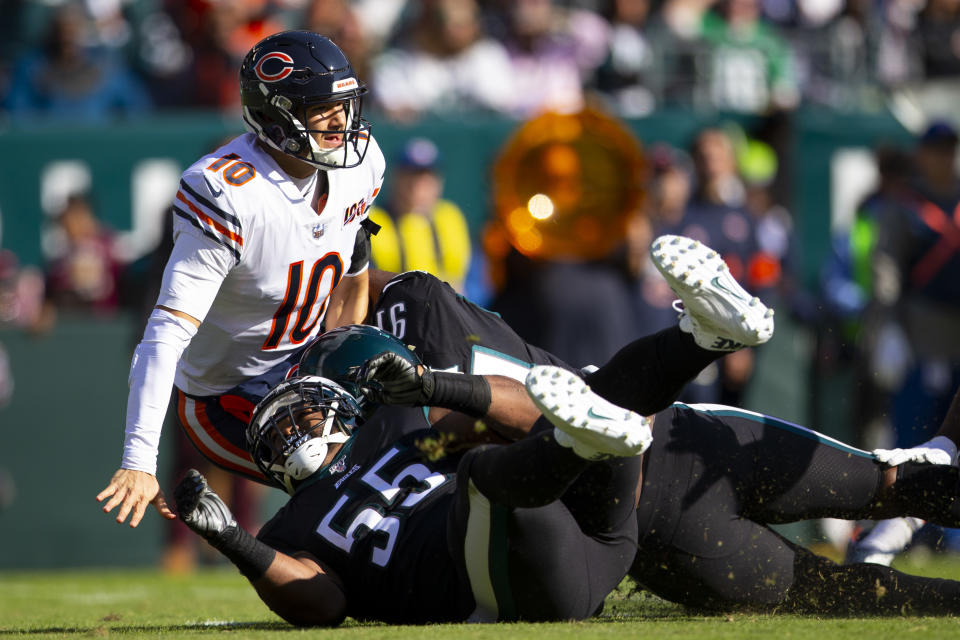 PHILADELPHIA, PA - NOVEMBER 03: Mitchell Trubisky #10 of the Chicago Bears throws a pass and is then hit by Fletcher Cox #91 and Brandon Graham #55 of the Philadelphia Eagles in the first quarter at Lincoln Financial Field on November 3, 2019 in Philadelphia, Pennsylvania. (Photo by Mitchell Leff/Getty Images)