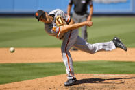 San Francisco Giants relief pitcher Tyler Rogers throws to the plate during the seventh inning of a baseball game against the Los Angeles Dodgers Sunday, Aug. 9, 2020, in Los Angeles. (AP Photo/Mark J. Terrill)