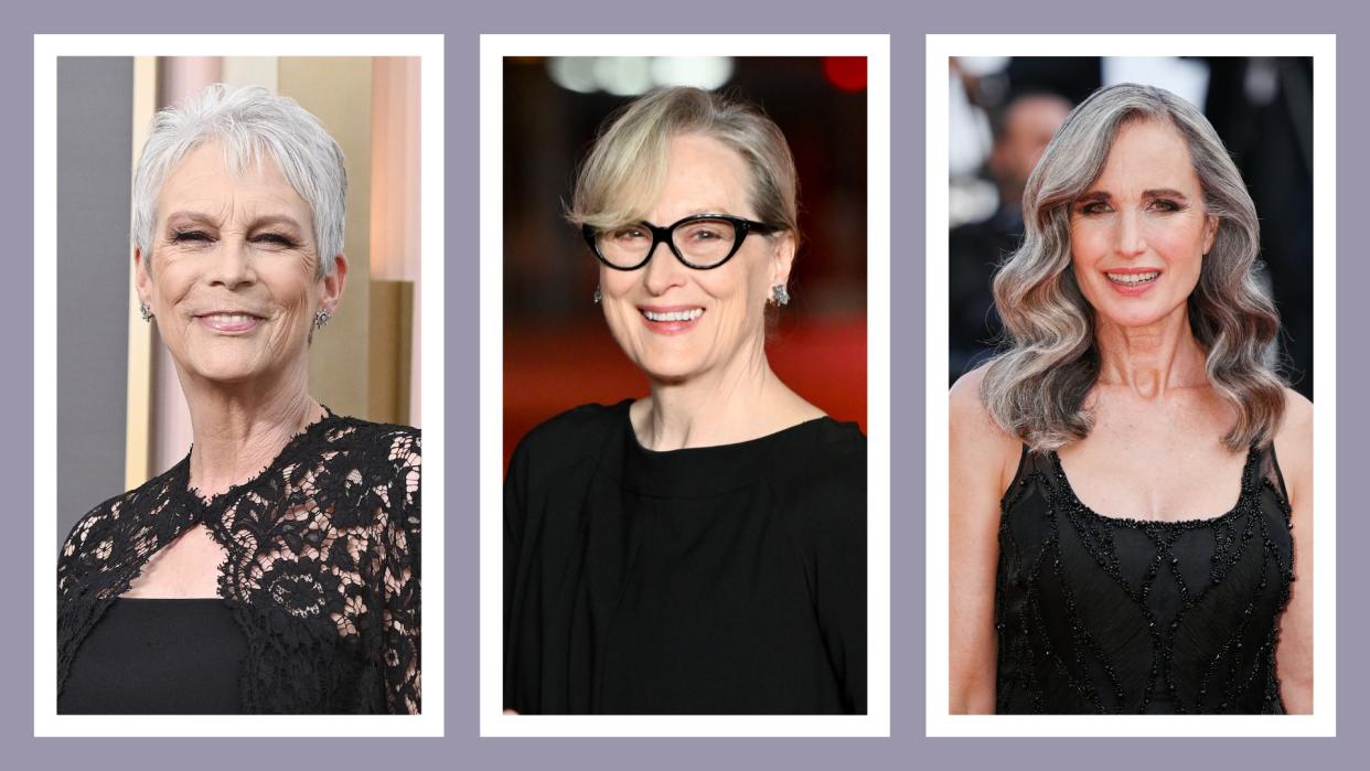  Jamie Lee Curtis, Meryl Streep and Andie MacDowell are pictured with varying lengths of grey hair in a dark grey/purple template. 