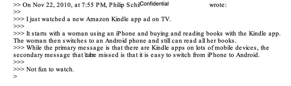 Steve Jobs email — screen Shot of an email from Phil Schiller to Steve Jobs on November 22, 2010 about the Kindle bookstore