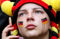 <p>A German football fan after her team’s 2018 FIFA World Cup Group F match against South Korea at Kazan Arena Stadium; South Korea wins 2-0. Sergei Savostyanov/TASS (Photo by Sergei Savostyanov\TASS via Getty Images) </p>