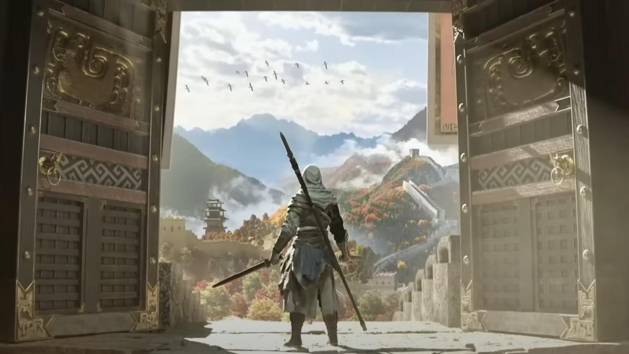  An assassin stands by an open door overlooking a Chinese landscape. 