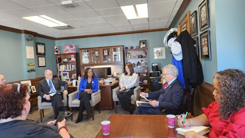 Six school board members for MSCS meet with state lawmakers representing Memphis on Feb. 14, at the state Capitol. Their agenda included pending legislation from GOP Rep. Mark White & Sen. Brent Taylor to authorize Gov. Bill Lee to appoint additional members to board.