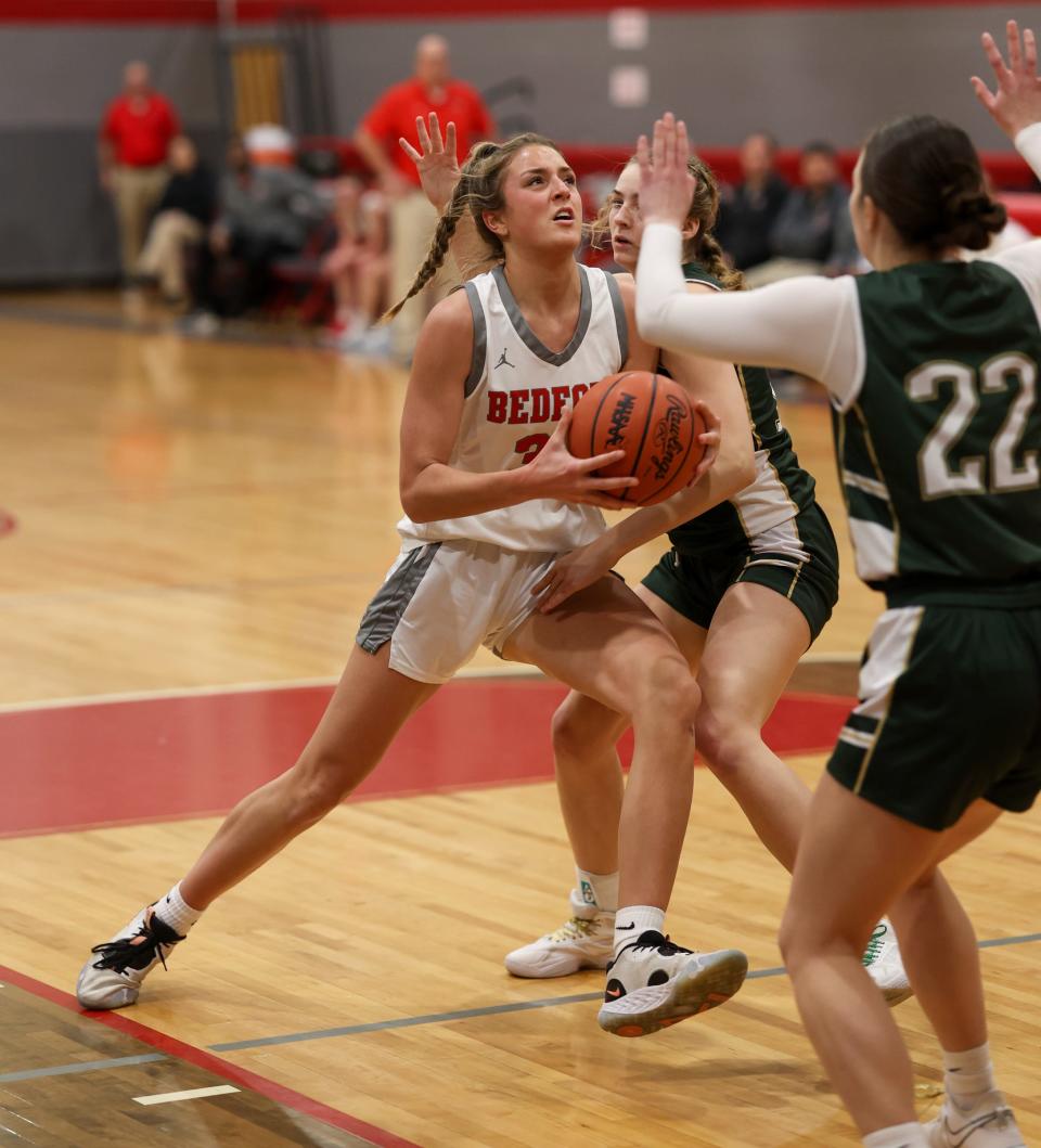 Victoria Gray of Bedford drives to the basket against St. Mary Catholic Central during a 48-33 Bedford win Friday night.