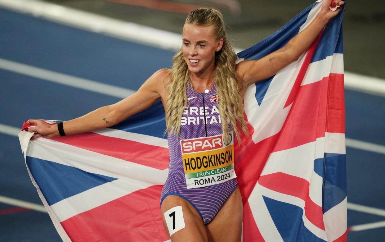 Keely Hodgkinson celebrates winning the 800m final