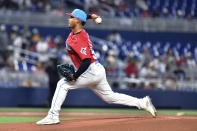 Miami Marlins starting pitcher Elieser Hernandez throws during the first inning of the team's baseball game against the Atlanta Braves, Saturday, May 21, 2022, in Miami. (AP Photo/Gaston De Cardenas)