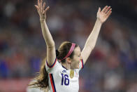 United States midfielder Rose Lavelle (16) celebrates scoring a goal during the first half of an international friendly soccer match against Paraguay, Tuesday, Sept. 21, 2021, in Cincinnati. (AP Photo/Aaron Doster)