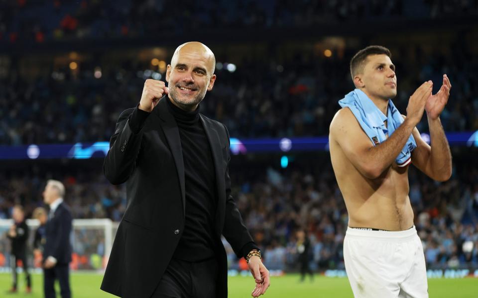 Pep Guardiola, Manager of Manchester City, celebrates during the UEFA Champions League semi-final second leg match between Manchester City FC and Real Madrid