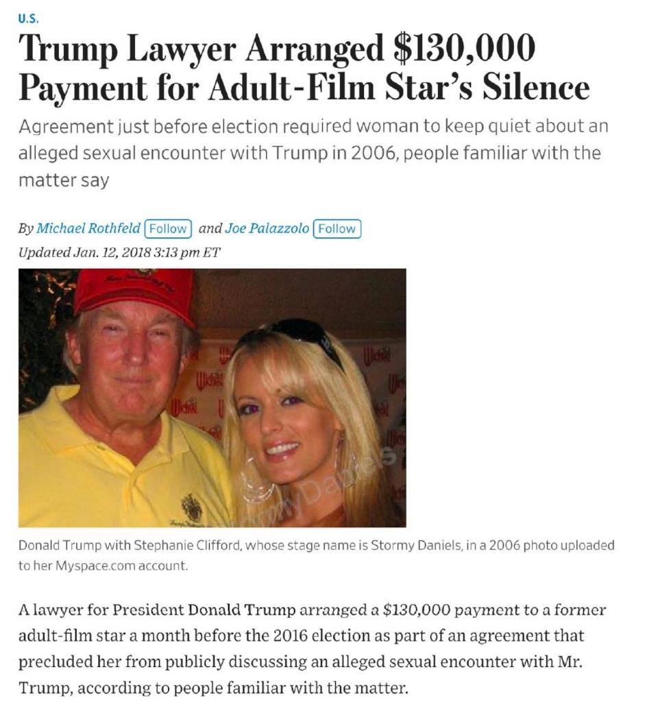 PHOTO: Wall Street Journal Article from January 12, 2018 titled “Trump Lawyer Arranged $130,000 Payment for Adult-Film Star’s Silence.” (Manhattan District Attorney’s Office)