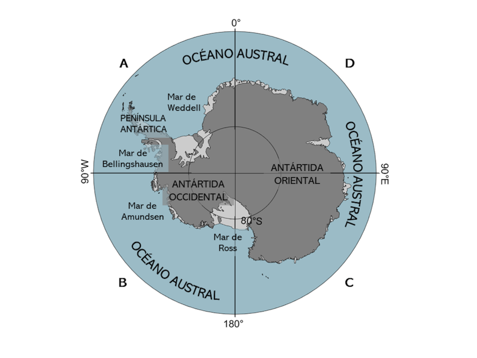 Mapa de los cuadrantes antárticos utilizados para la denominación de icebergs. La región en gris claro representa la plataforma de hielo permanente, mientras que la región en gris oscuro corresponde al continente. <a href="http://creativecommons.org/licenses/by/4.0/" rel="nofollow noopener" target="_blank" data-ylk="slk:CC BY;elm:context_link;itc:0;sec:content-canvas" class="link ">CC BY</a>
