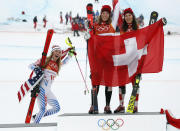 <p>USA’s silver medalist Mikaela Shiffrin, left, poses with Switzerland’s gold and silver medalists Michelle Gisin and Wendy Holdener after the Women’s Combined Slalom at the PyeongChang 2018 Winter Olympics on Feb. 22, 2018.<br> (AP Photo/Christophe Ena) </p>