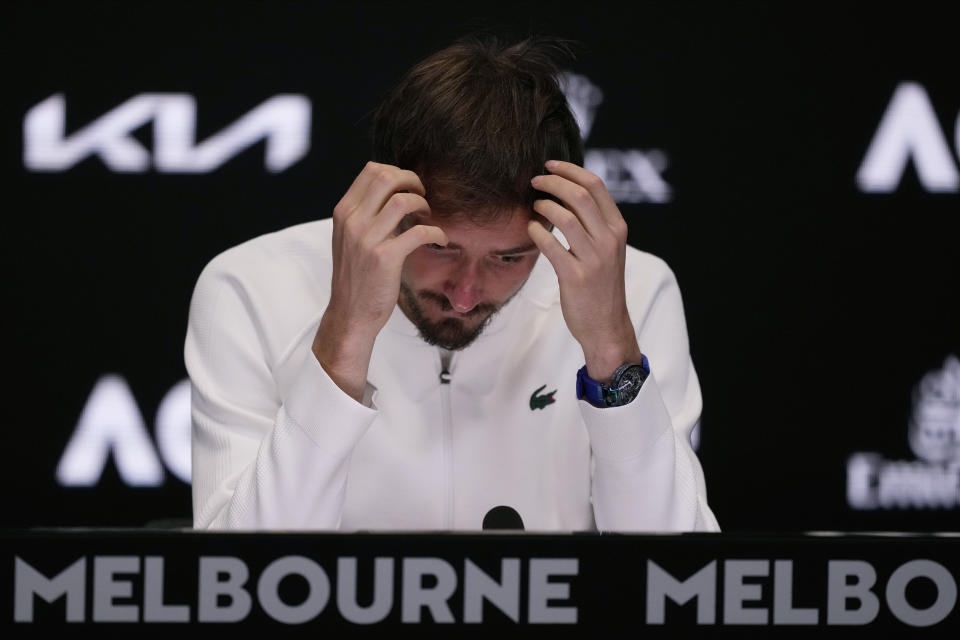 Daniil Medvedev of Russia reacts at a press conference following his loss to Jannik Sinner of Italy in the men's singles final at the Australian Open tennis championships at Melbourne Park, in Melbourne, Australia, early Monday, Jan. 29, 2024. (AP Photo/Alessandra Tarantino)