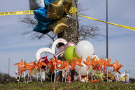 A memorial is set up outside of the Chesapeake, Va., Walmart on Thursday, Nov. 24, 2022. Andre Bing, a Walmart manager, opened fire on fellow employees in the break room of the Virginia store, killing six people in the country’s second high-profile mass shooting in four days, police and witnesses said Wednesday. (Billy Schuerman/The Virginian-Pilot via AP)