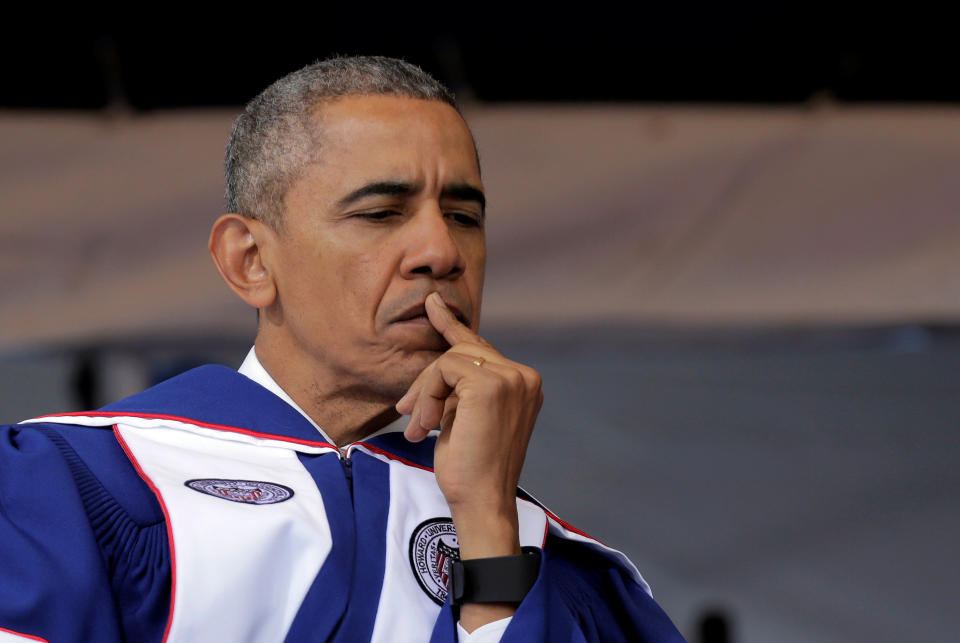 U.S. President Barack Obama waits to deliver the commencement address to the 2016 graduating class of Howard University in Washington, U.S., May 7, 2016.      REUTERS/Joshua Roberts