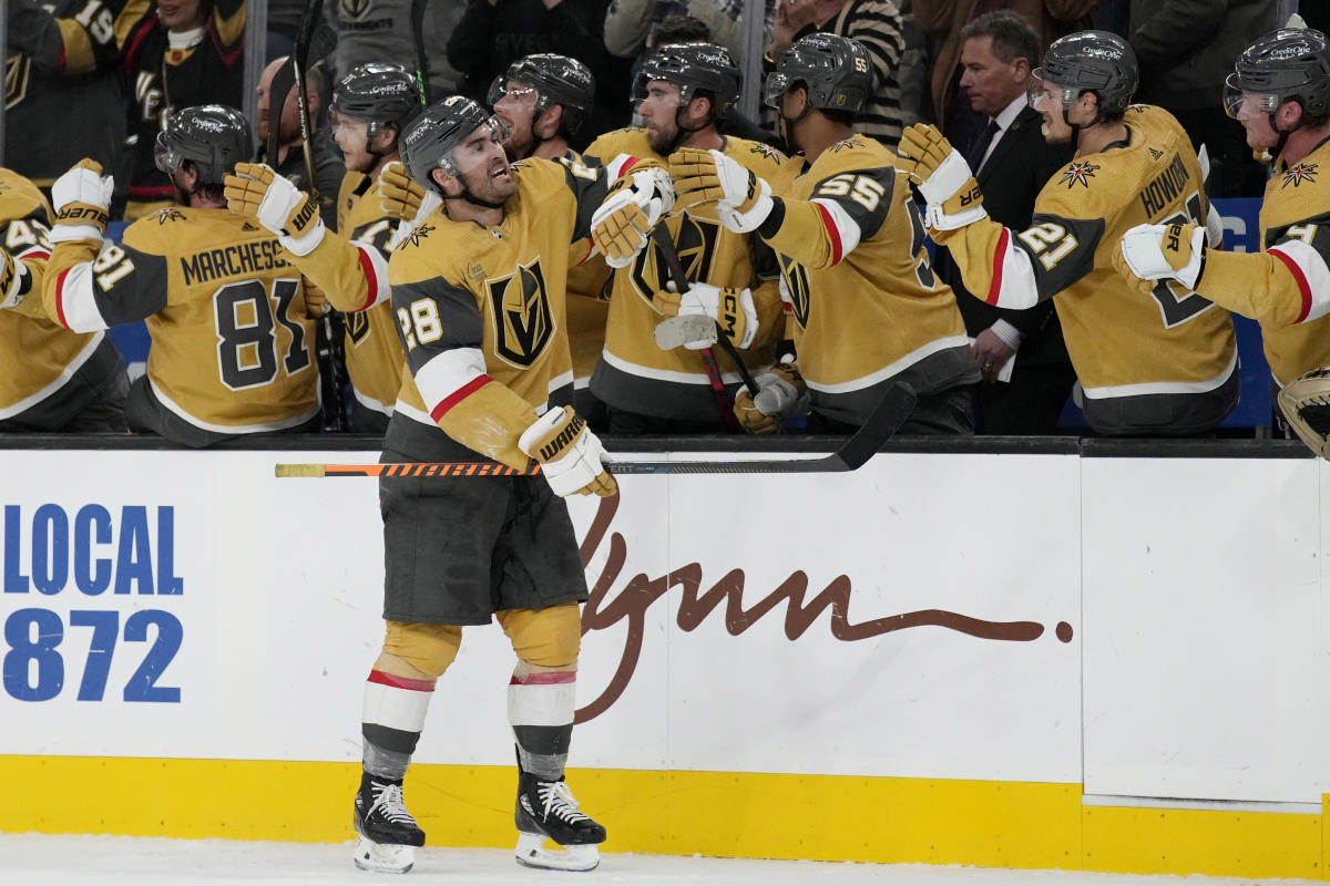 San Jose Sharks center Logan Couture, right, celebrates with right wing Timo  Meier (28) after scoring a goal against the Vegas Golden Knights during the  first period of an NHL hockey game