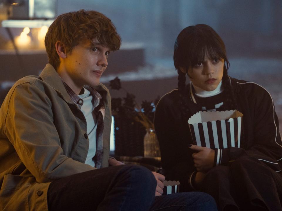 Hunter Doohan as Tyler Galpin and Jenna Ortega as Wednesday Addams on season one, episode seven of "Wednesday."