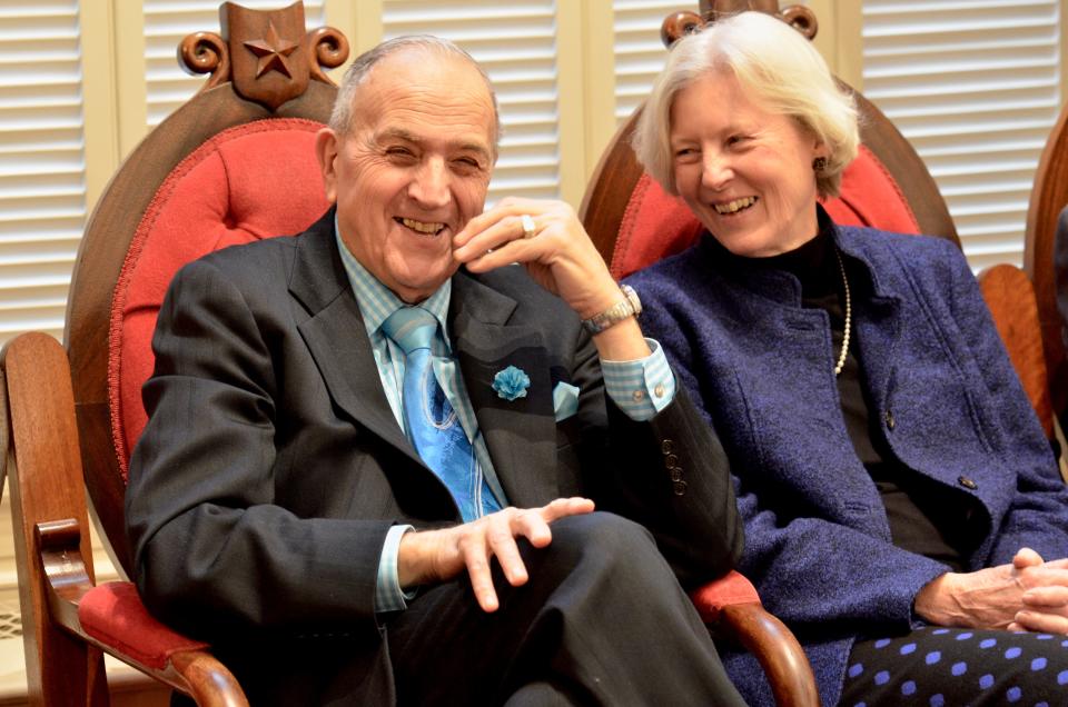 Sen. Dick Mazza, D-Grand Isle, laughs with Sen. Jane Kitchel, D-Caledonia, during the inauguration ceremony for Gov. Phil Scott and other statewide elected officials on Jan. 10, 2019, at the Statehouse in Montpelier.