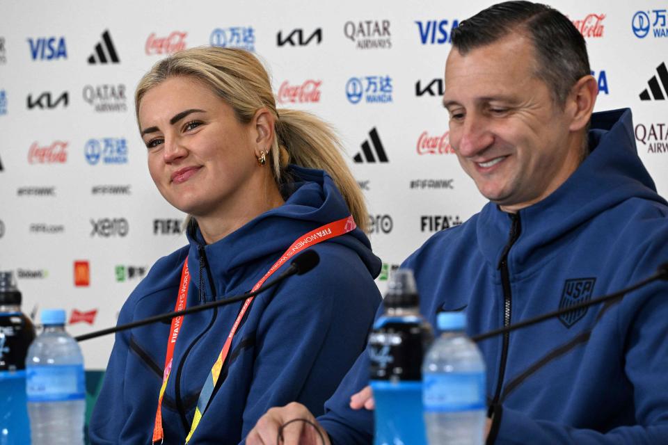 USA's Lindsey Horan and head coach Vlatko Andonovski attend a press conference at the Eden Park in Auckland on June 21, 2023, ahead of their first 2023 Women's World Cup football match against Vietnam.