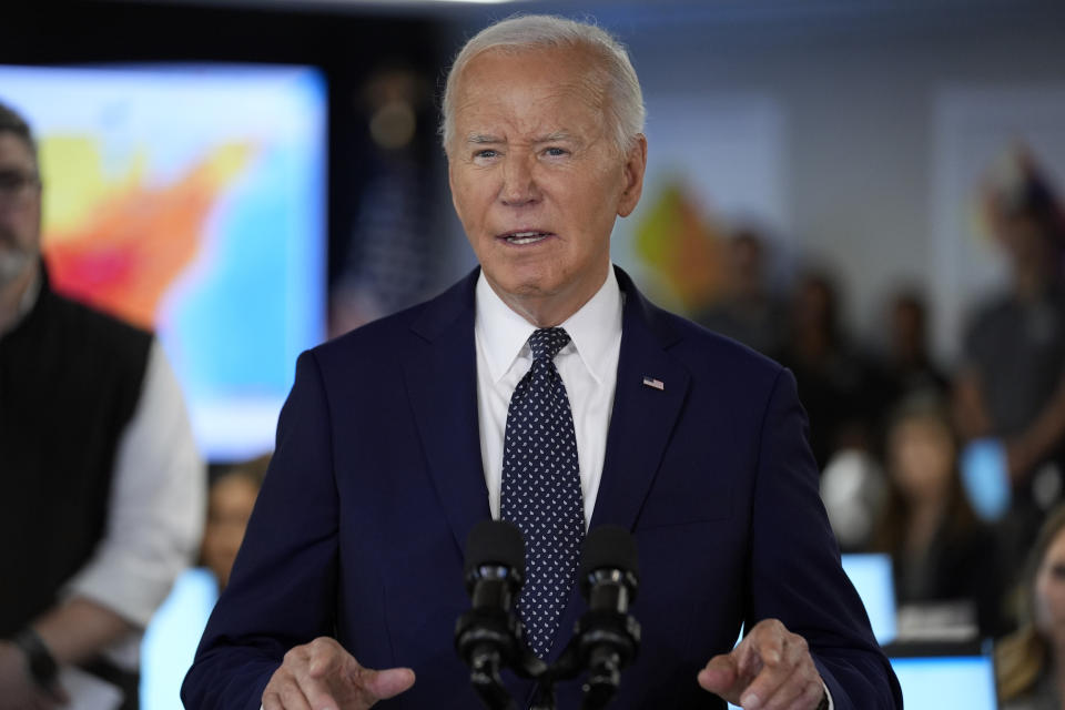 President Joe Biden speaks during a visit to the D.C. Emergency Operations Center, Tuesday, July 2, 2024, in Washington. (AP Photo/Evan Vucci)