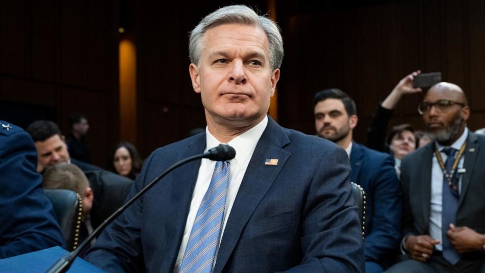 PHOTO: FBI Director Christopher Wray testifying during a Senate Select Committee on Intelligence on the 'Annual Worldwide Threats Assessment' in the Hart Senate Office Building on Capitol Hill in Washington, Mar. 11, 2024. (Saul Loeb/AFP via Getty Images)