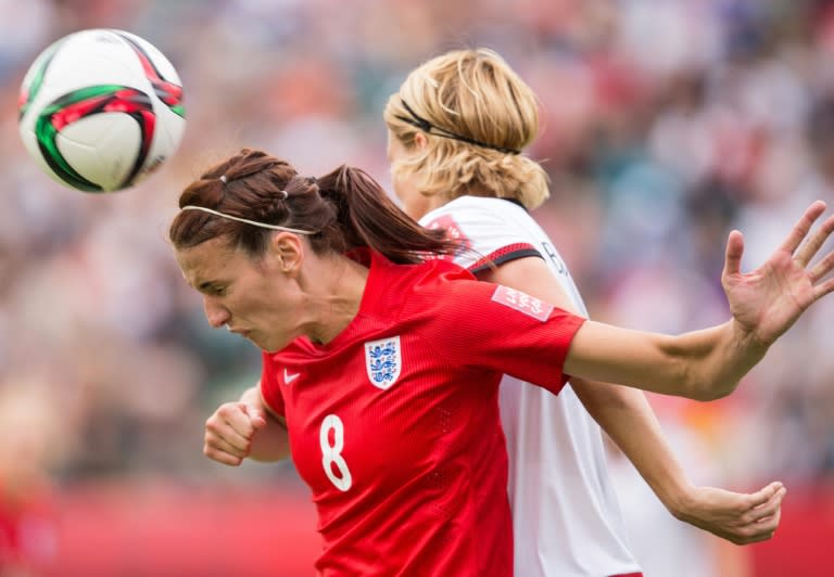 England's Jill Scott heads the ball during the bronze medal match at the 2015 FIFA Women's World Cup in Edmonton, Alberta on July 4, 2015