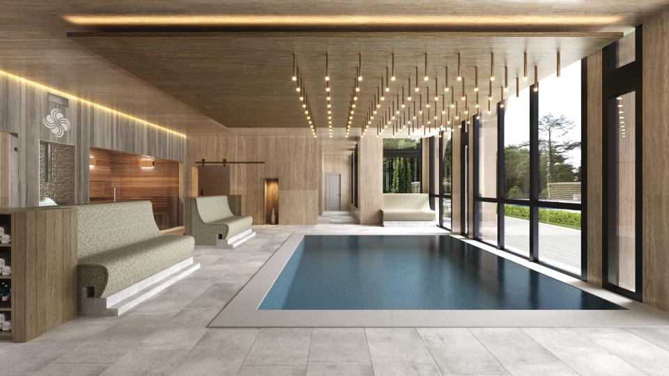 As shown in this rendering, the Serenité spa features a saltwater vitality pool, sauna, multiple contrast bathing circuits, and a menu of assorted spa services.