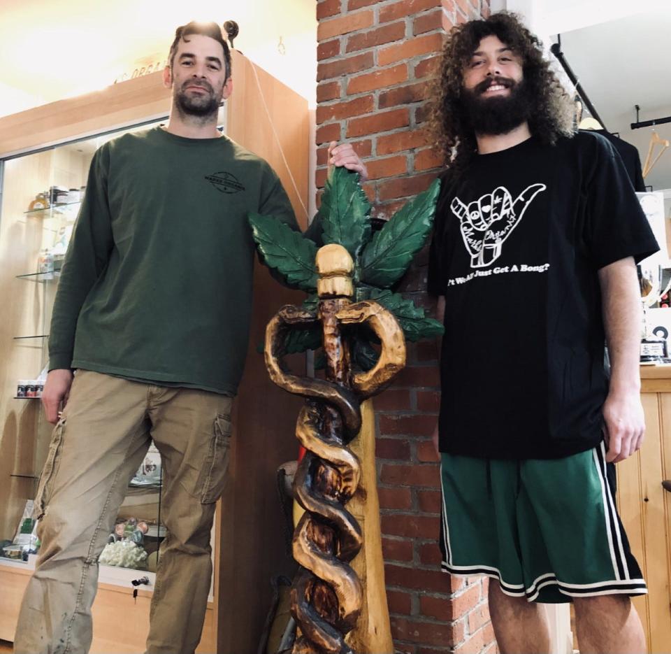 Mark Quinn, left, and Johnny Gallagher are seen here at Marks Organix, the cannabis store that Quinn owns and Gallagher manages on State Road in Kittery, Maine, on April 19, 2023. Quinn is hoping to expand his business into Wells, Maine.