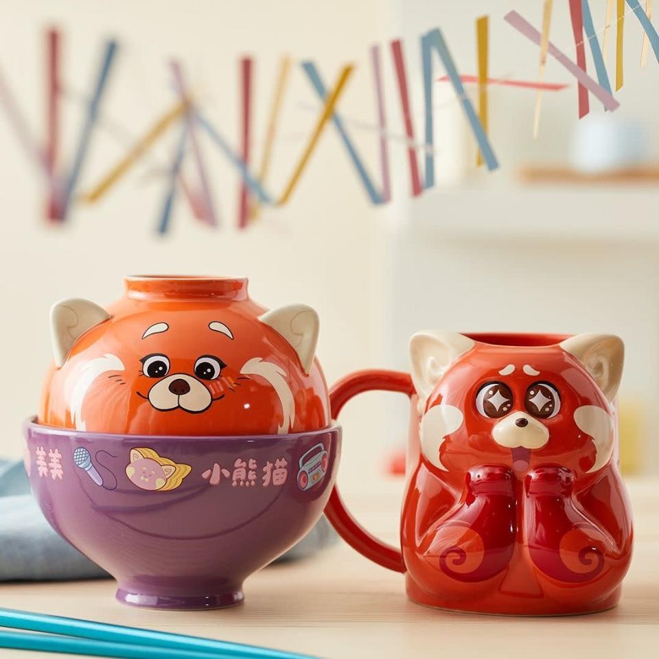 Turning red bowls and Mei Lee red panda figural mug. (Image credit: Disney)