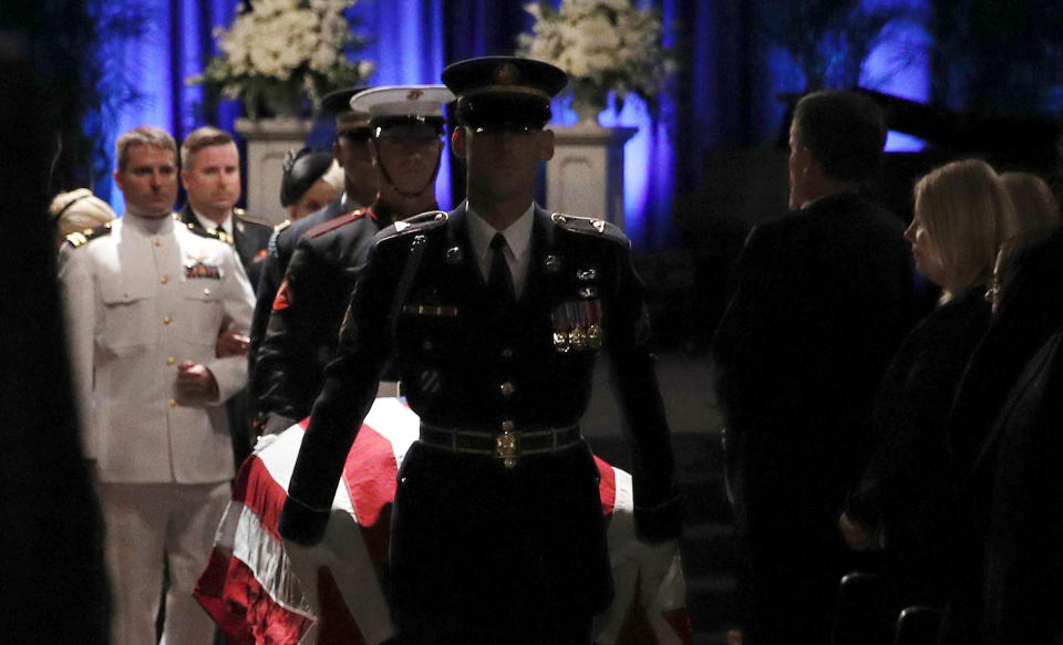 <p>The honor guard moves the casket after a memorial service for Sen. John McCain, R-Ariz. at the North Phoenix Baptist Church on Thursday, Aug. 30, 2018, in Phoenix. (Photo: Jae C. Hong/AP) </p>