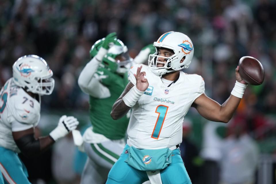 Miami Dolphins' Tua Tagovailoa plays during a game.